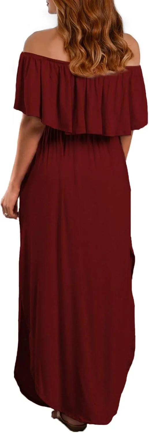 VERABENDI Women's Off Shoulder Summer Casual Long Ruffle Beach Maxi Dress with Pockets