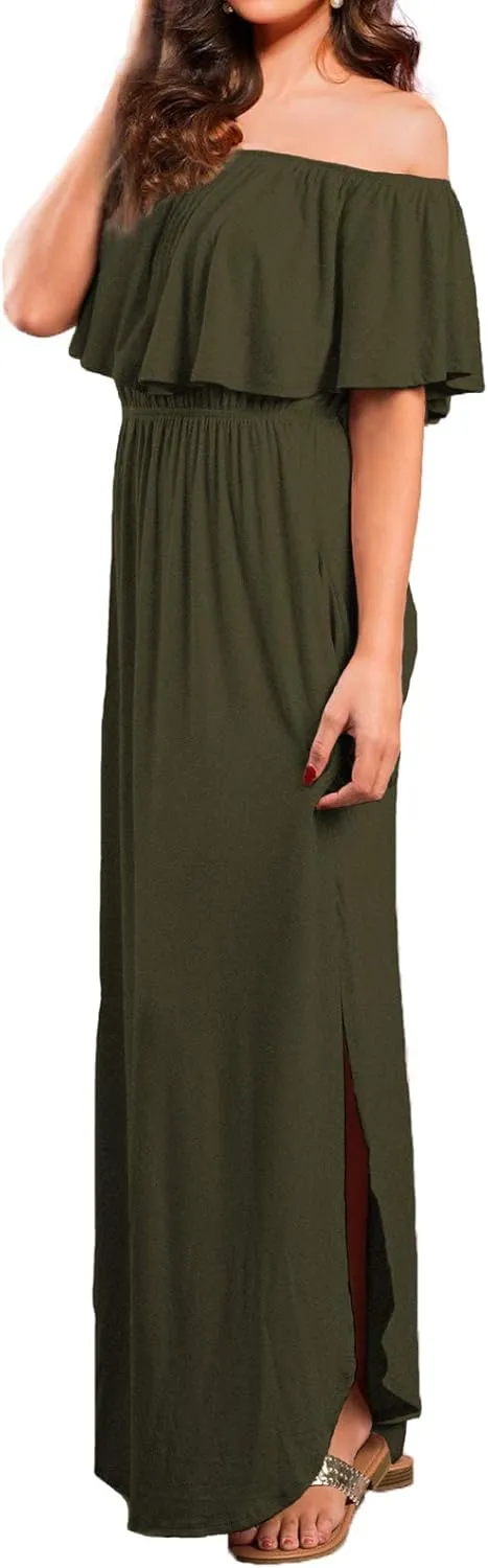 VERABENDI Women's Off Shoulder Summer Casual Long Ruffle Beach Maxi Dress with Pockets