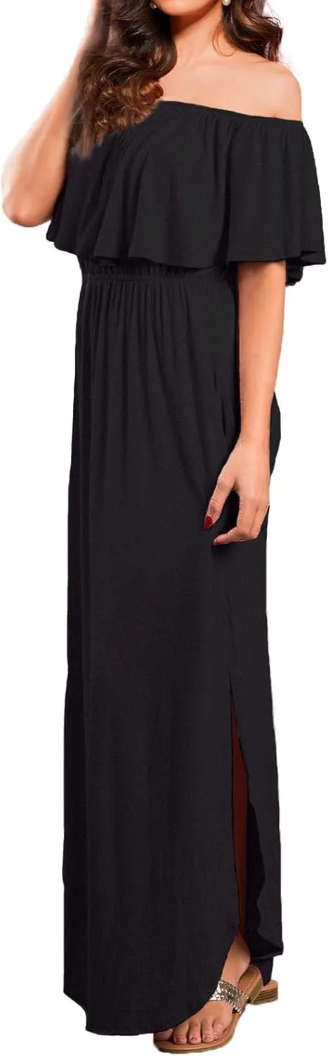 VERABENDI Women's Off Shoulder Summer Casual Long Ruffle Beach Maxi Dress with Pockets