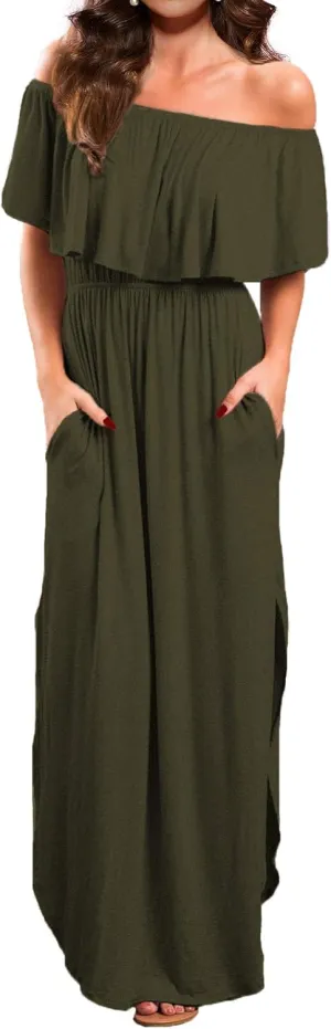 VERABENDI Women's Off Shoulder Summer Casual Long Ruffle Beach Maxi Dress with Pockets