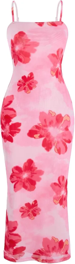 Verdusa Women's Floral Dress Wedding Guest Summer Flower Mesh Holiday Bodycon Midi Dresses
