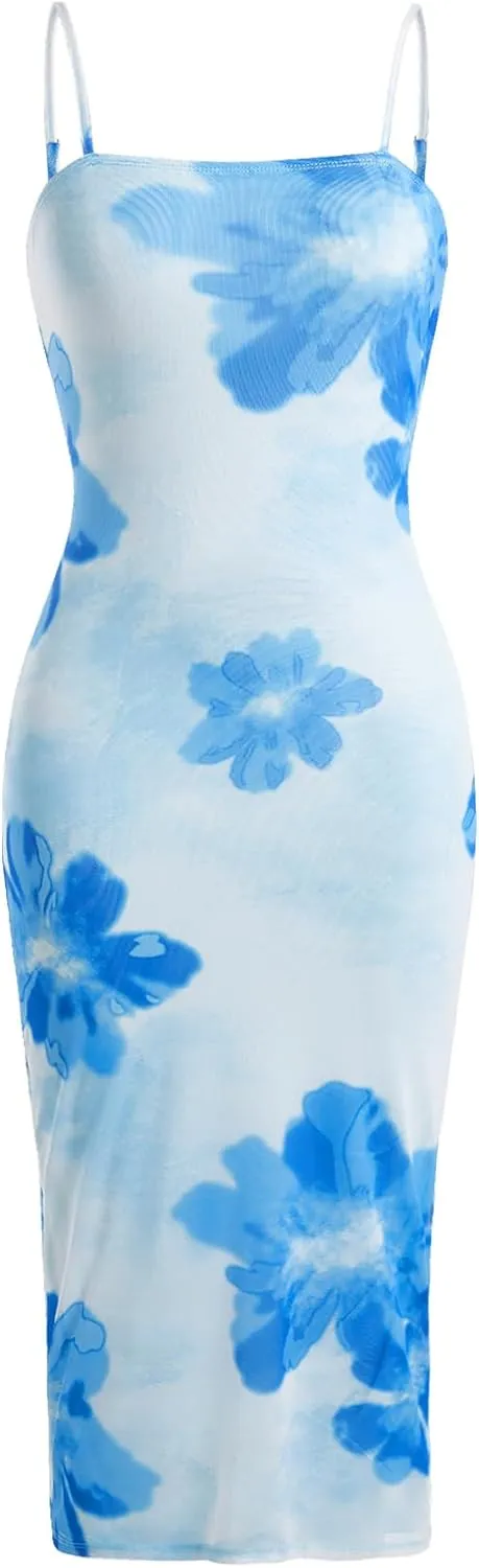 Verdusa Women's Floral Dress Wedding Guest Summer Flower Mesh Holiday Bodycon Midi Dresses