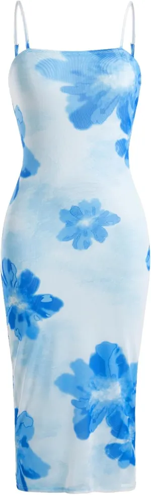 Verdusa Women's Floral Dress Wedding Guest Summer Flower Mesh Holiday Bodycon Midi Dresses
