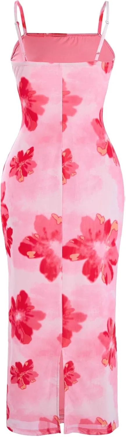 Verdusa Women's Floral Dress Wedding Guest Summer Flower Mesh Holiday Bodycon Midi Dresses