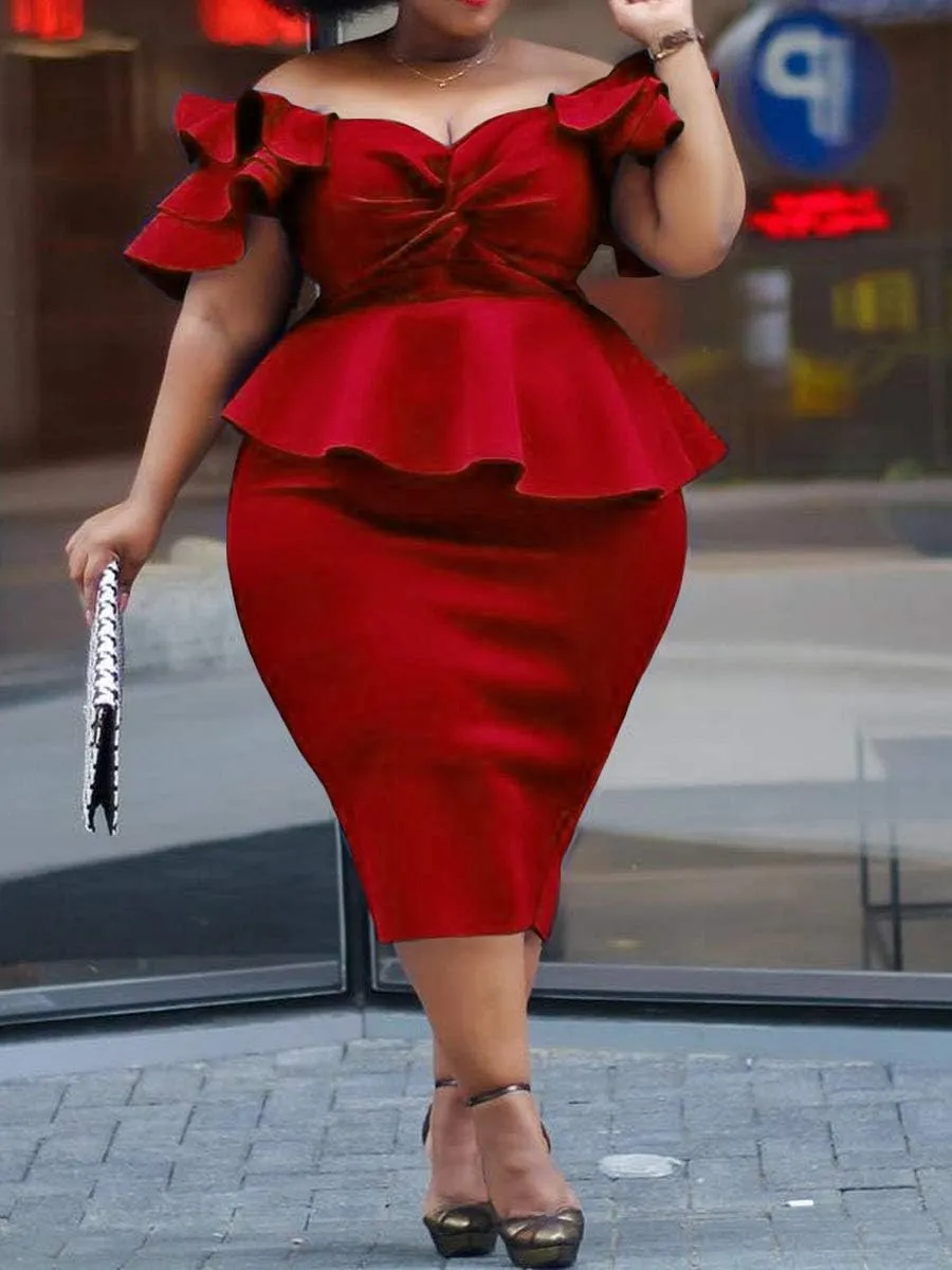 VERWIN Plus Size Women's Midi Dress Patchwork Short Sleeve Women's Bodycon Dress High Waist Dress