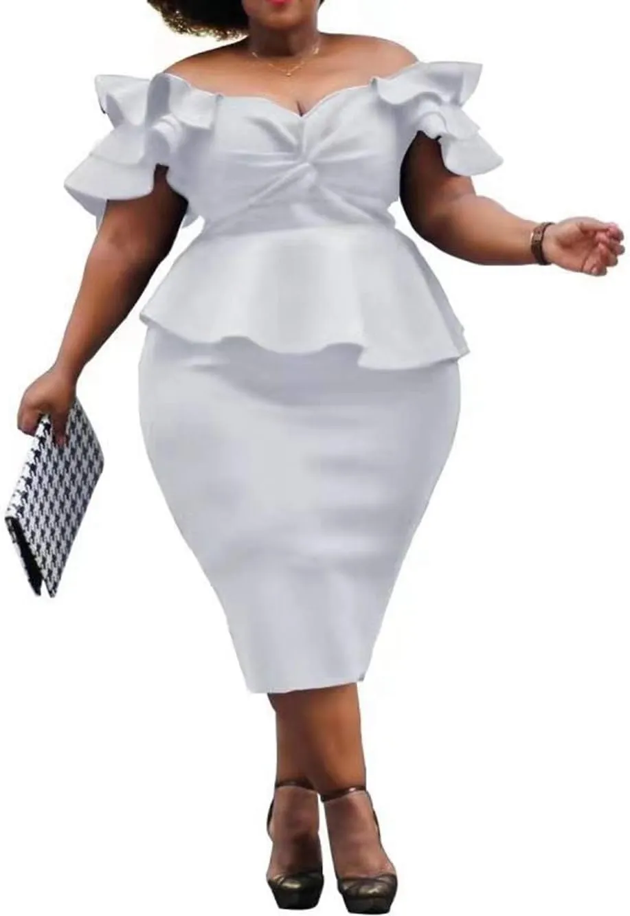 VERWIN Plus Size Women's Midi Dress Patchwork Short Sleeve Women's Bodycon Dress High Waist Dress
