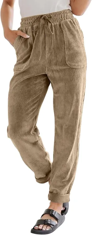 Vintage Corduroy Pants Women Casual Drawstring Elastic Waist Dress Pants Cozy Straight Leg Lounge Pants with Pockets