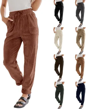 Vintage Corduroy Pants Women Casual Drawstring Elastic Waist Dress Pants Cozy Straight Leg Lounge Pants with Pockets