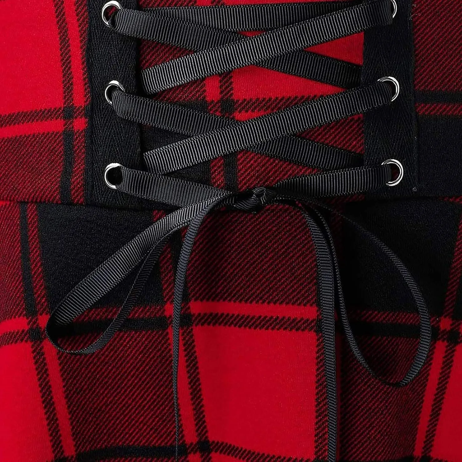 Vintage Gothic Plaid Mini Skirts for Women Lace-Up High Waist Flowy Skater Skirts Summer Casual Pleated Flare Skirt