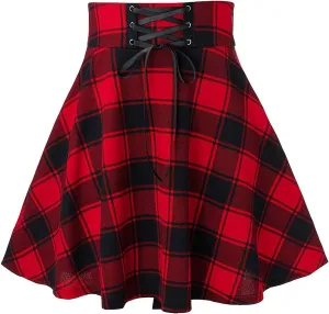 Vintage Gothic Plaid Mini Skirts for Women Lace-Up High Waist Flowy Skater Skirts Summer Casual Pleated Flare Skirt