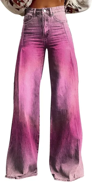 Wide Leg Flare Jeans for Women with Pocket Baggy Pants Vintage Floral Print Jeans for Women High Waisted Loose Pant