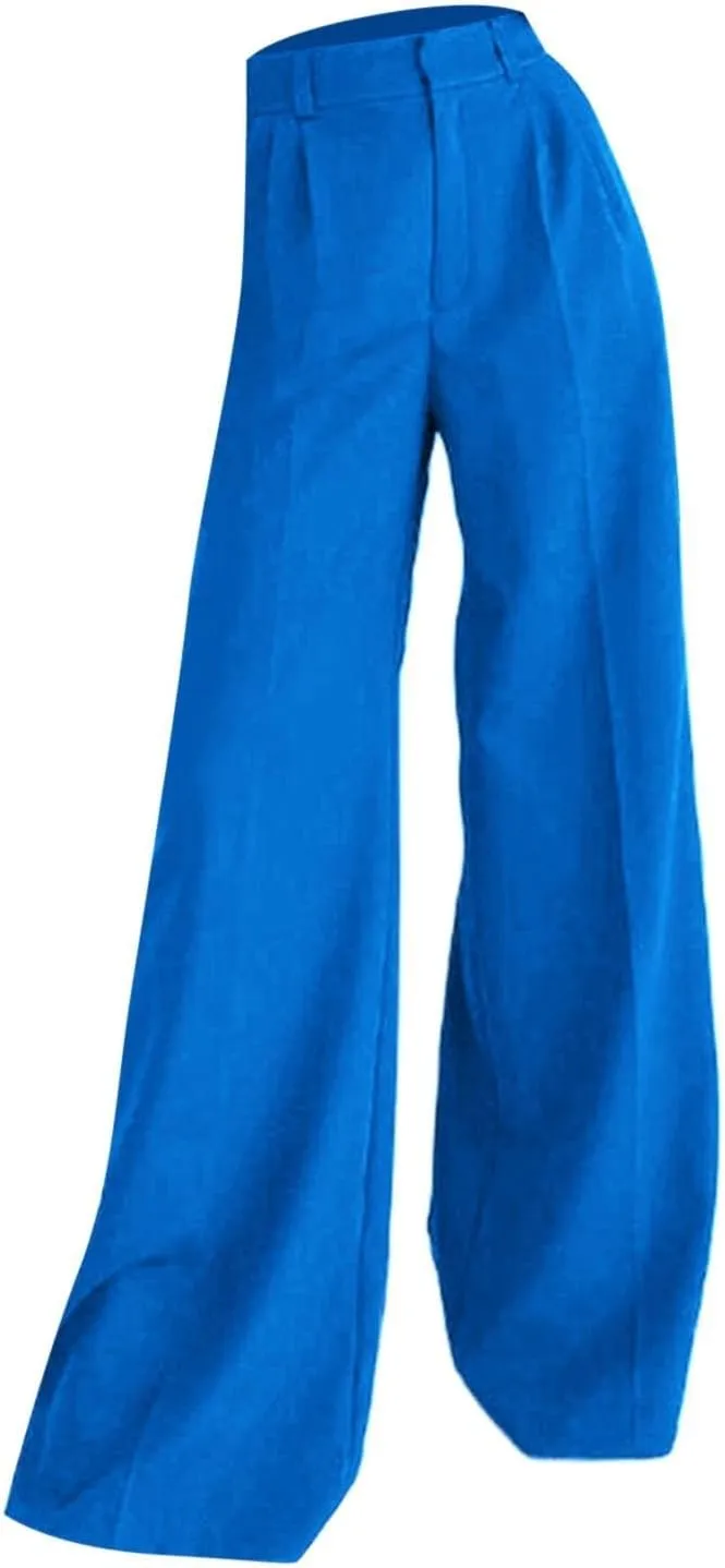 Wide Leg Long Trousers for Women Casual Loose Straight Leg High Waisted Dress Pants Work Office Business Pants with Pockets