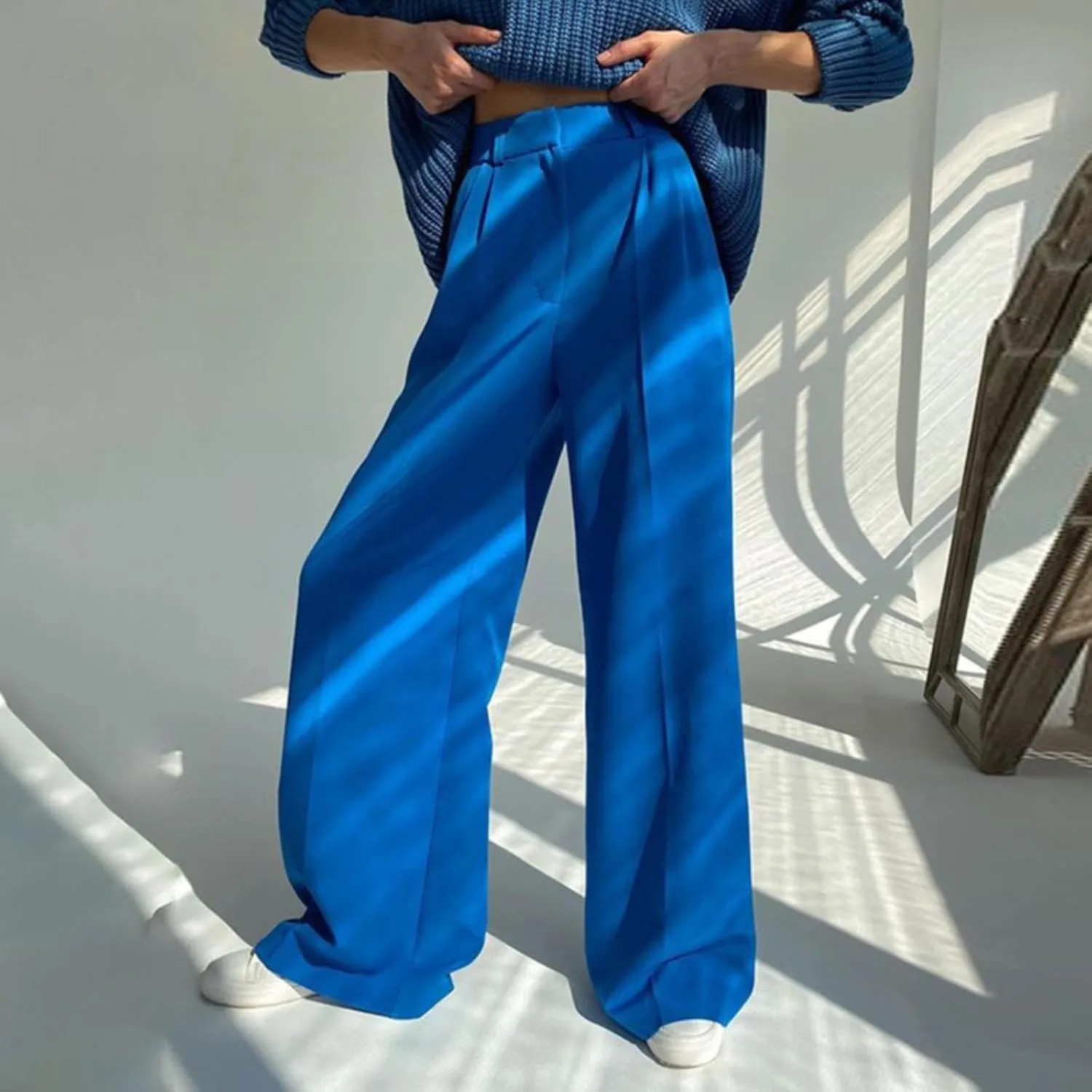 Wide Leg Long Trousers for Women Casual Loose Straight Leg High Waisted Dress Pants Work Office Business Pants with Pockets