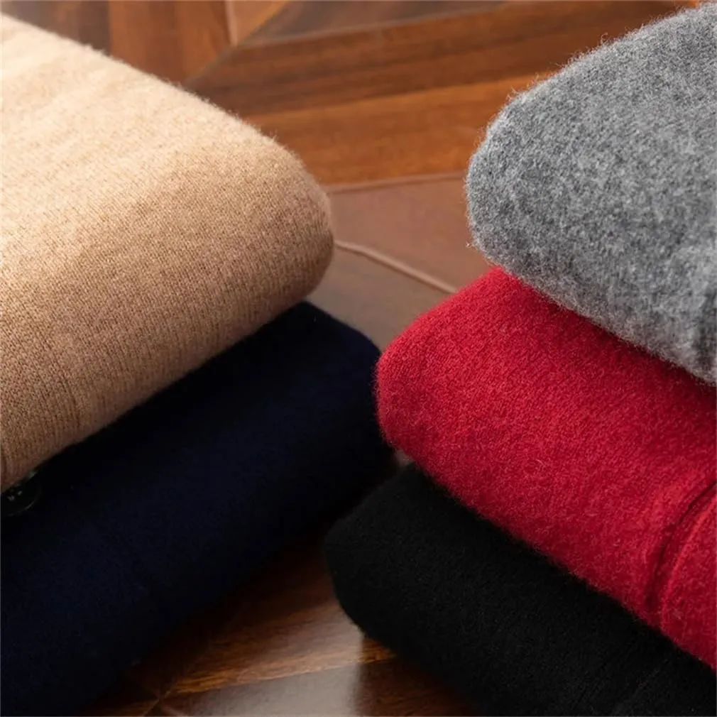 Winter Merino Wool Coat Men's V-Neck Cardigan Sweaters Casual Solid Knit Coat Warm Button Down Sweaters