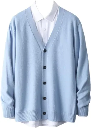 Winter Merino Wool Coat Men's V-Neck Cardigan Sweaters Casual Solid Knit Coat Warm Button Down Sweaters