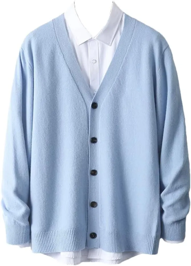 Winter Merino Wool Coat Men's V-Neck Cardigan Sweaters Casual Solid Knit Coat Warm Button Down Sweaters