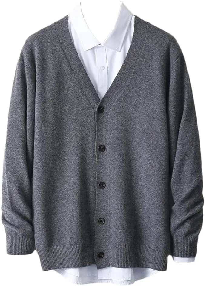 Winter Merino Wool Coat Men's V-Neck Cardigan Sweaters Casual Solid Knit Coat Warm Button Down Sweaters