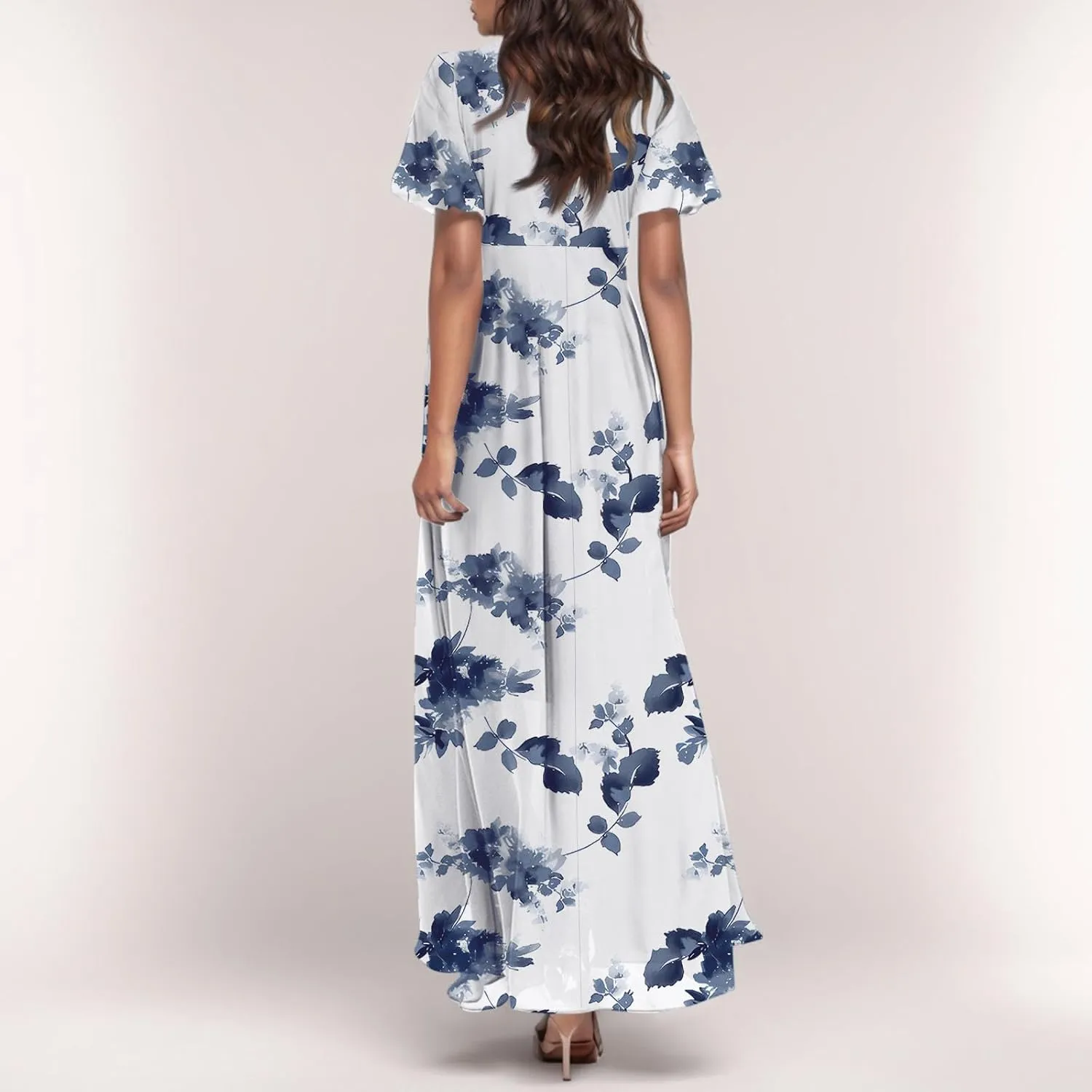 Woman Maxi Dresses Casual Summer Empire Waist Dress Floral Short Sleeve Chiffon Flowy Dresses