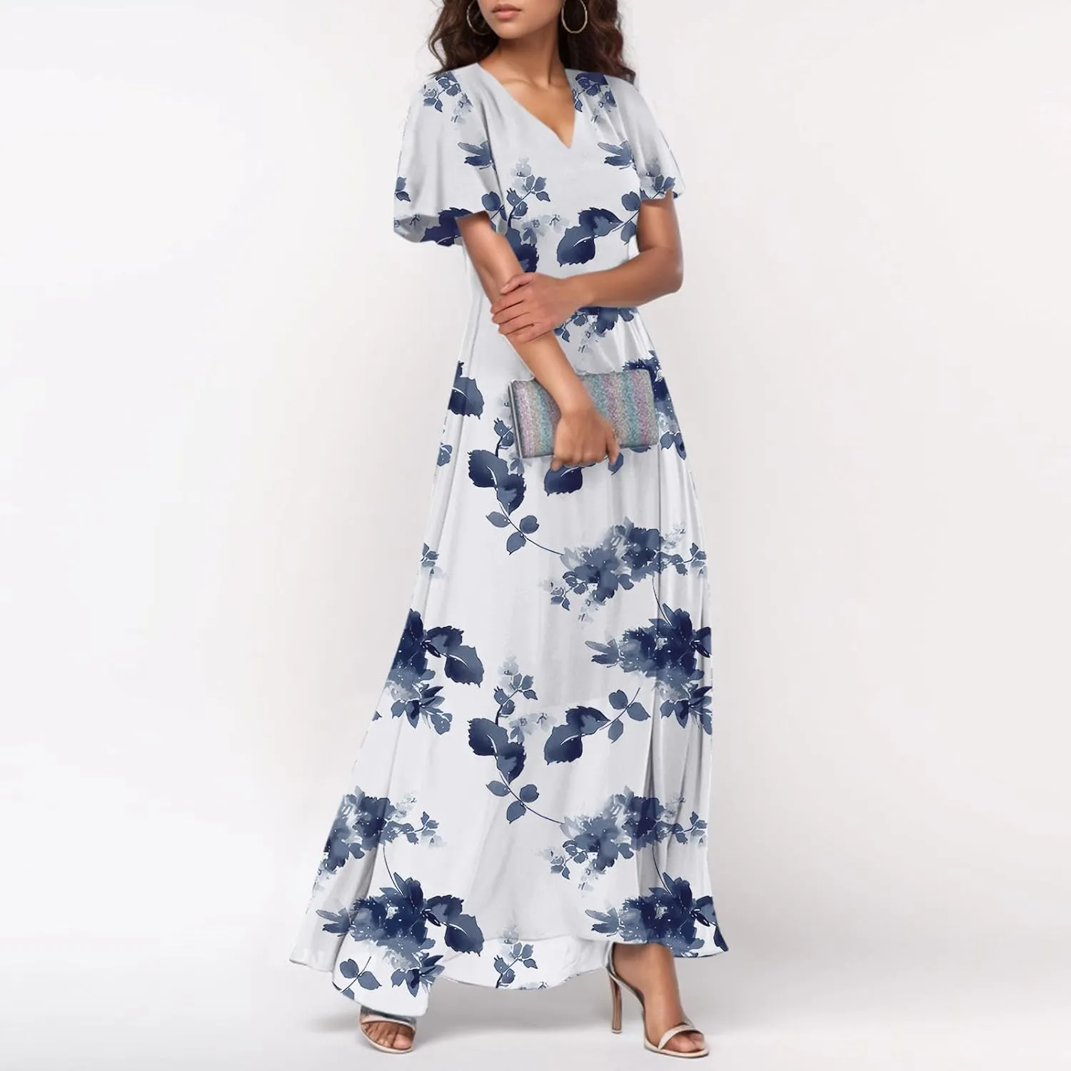 Woman Maxi Dresses Casual Summer Empire Waist Dress Floral Short Sleeve Chiffon Flowy Dresses
