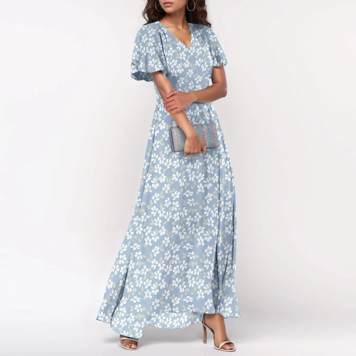 Woman Maxi Dresses Casual Summer Empire Waist Dress Floral Short Sleeve Chiffon Flowy Dresses