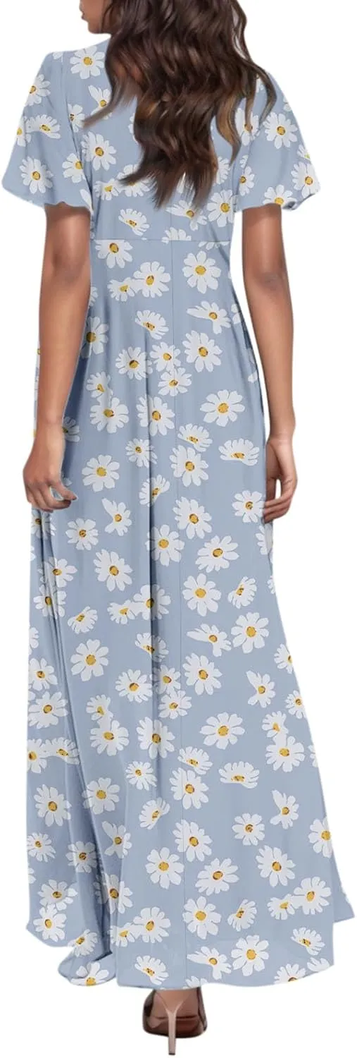 Woman Maxi Dresses Casual Summer Empire Waist Dress Floral Short Sleeve Chiffon Flowy Dresses
