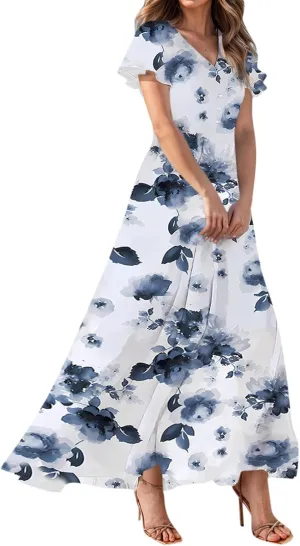 Woman Maxi Dresses Casual Summer Empire Waist Dress Floral Short Sleeve Chiffon Flowy Dresses