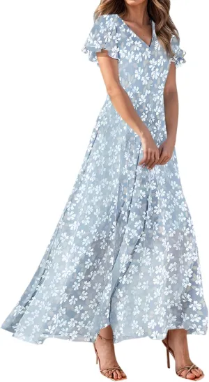 Woman Maxi Dresses Casual Summer Empire Waist Dress Floral Short Sleeve Chiffon Flowy Dresses