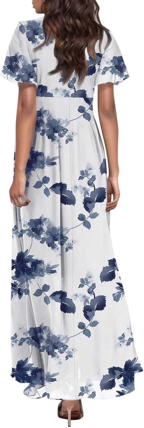 Woman Maxi Dresses Casual Summer Empire Waist Dress Floral Short Sleeve Chiffon Flowy Dresses