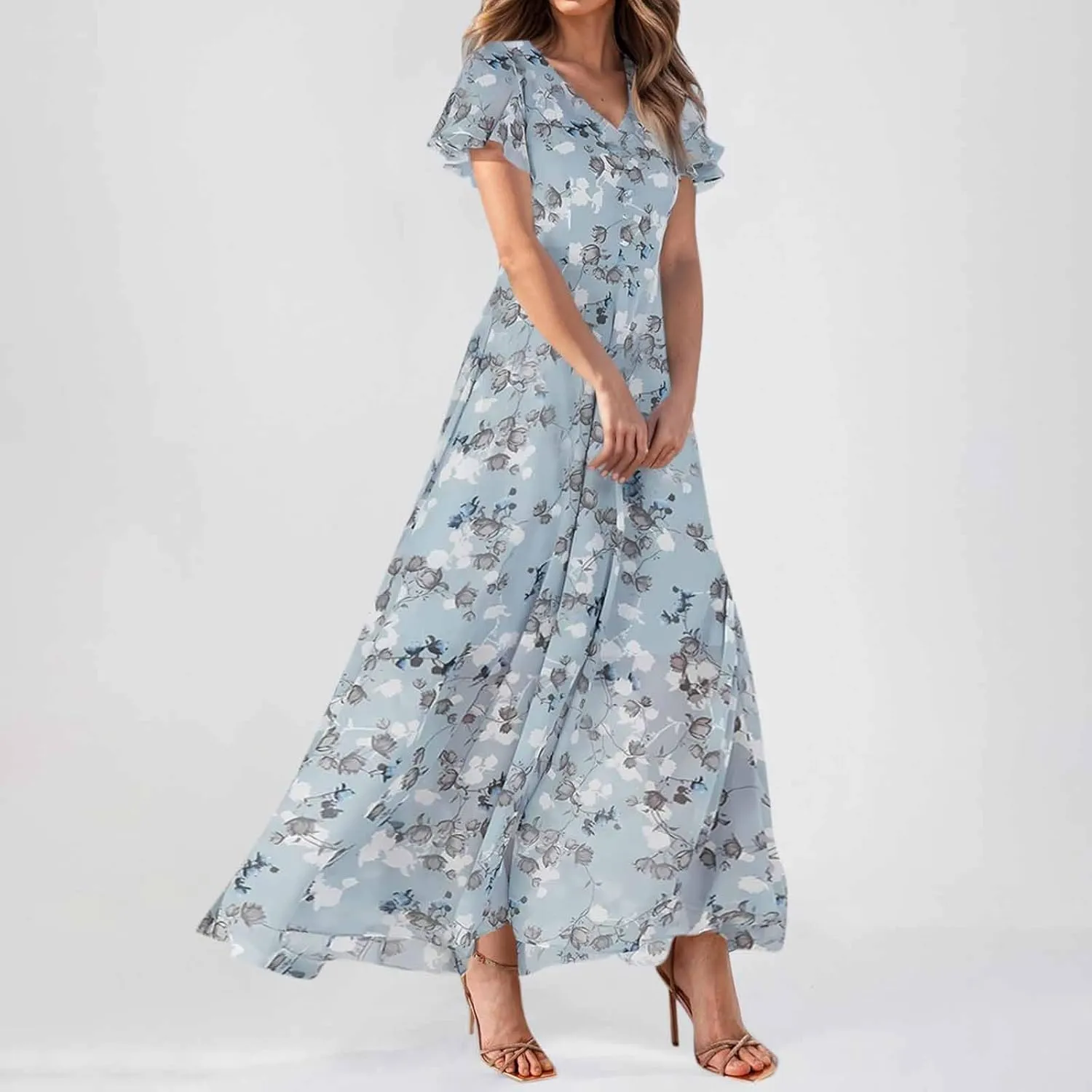 Woman Maxi Dresses Casual Summer Empire Waist Dress Floral Short Sleeve Chiffon Flowy Dresses