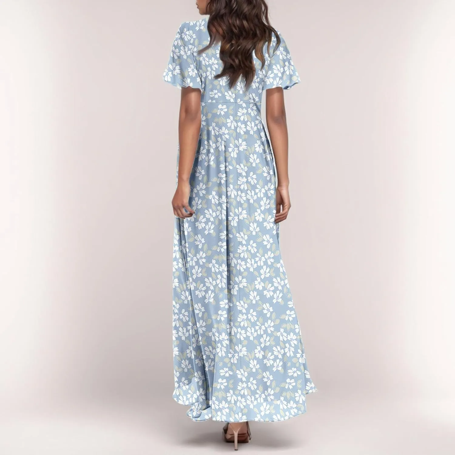 Woman Maxi Dresses Casual Summer Empire Waist Dress Floral Short Sleeve Chiffon Flowy Dresses