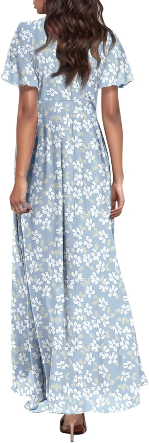 Woman Maxi Dresses Casual Summer Empire Waist Dress Floral Short Sleeve Chiffon Flowy Dresses