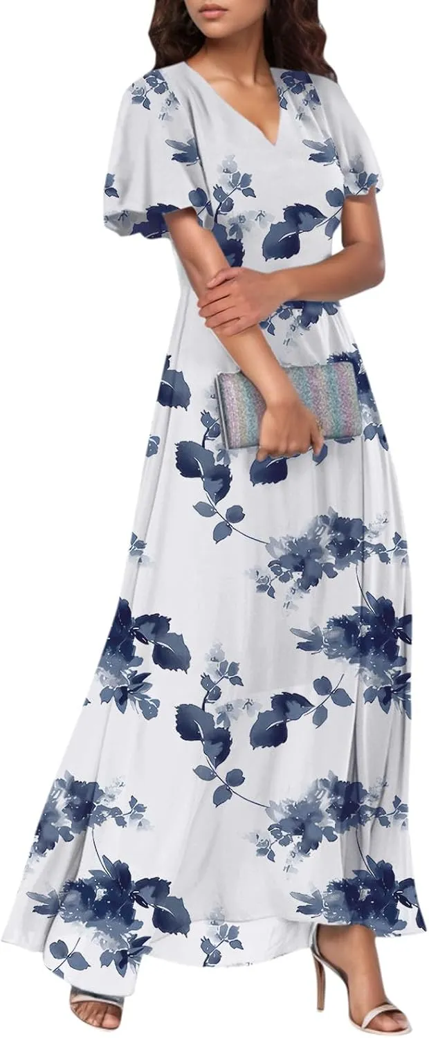 Woman Maxi Dresses Casual Summer Empire Waist Dress Floral Short Sleeve Chiffon Flowy Dresses