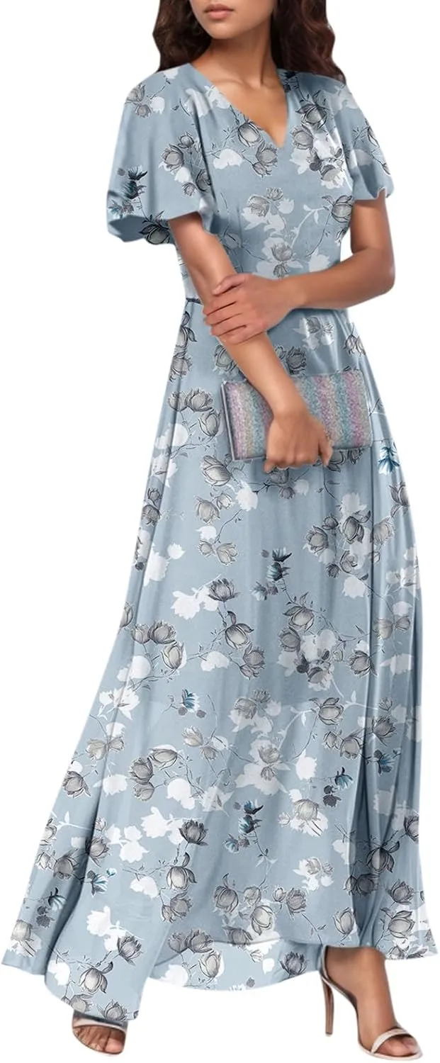 Woman Maxi Dresses Casual Summer Empire Waist Dress Floral Short Sleeve Chiffon Flowy Dresses
