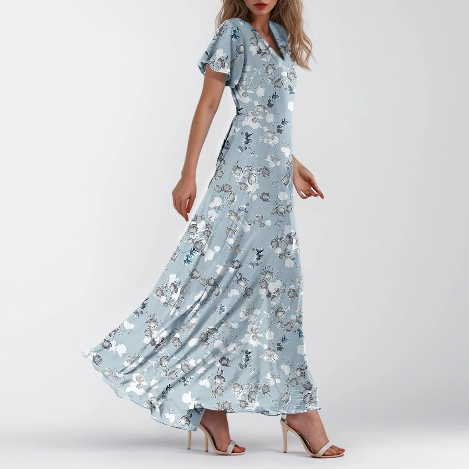 Woman Maxi Dresses Casual Summer Empire Waist Dress Floral Short Sleeve Chiffon Flowy Dresses