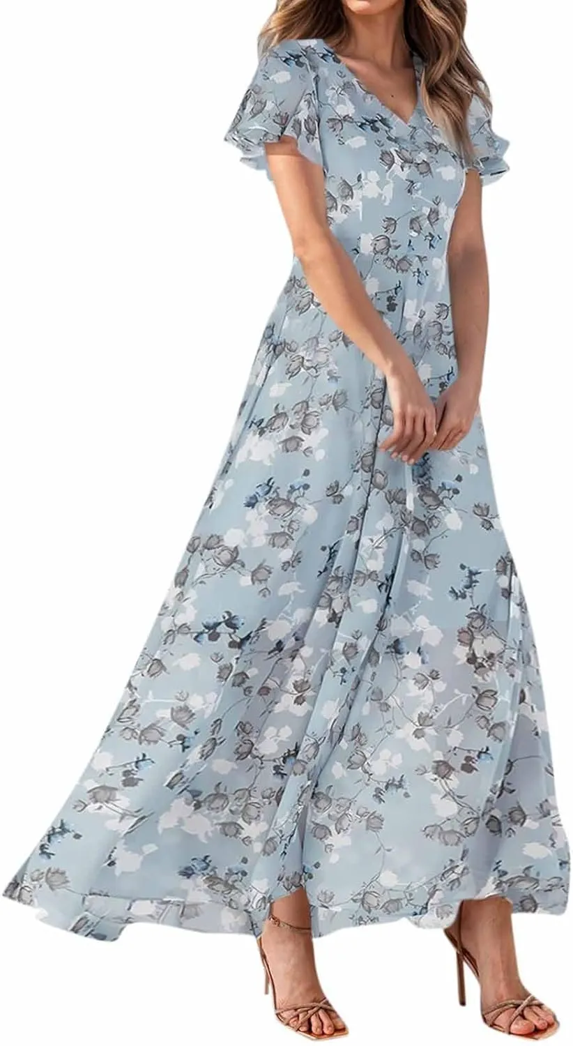 Woman Maxi Dresses Casual Summer Empire Waist Dress Floral Short Sleeve Chiffon Flowy Dresses