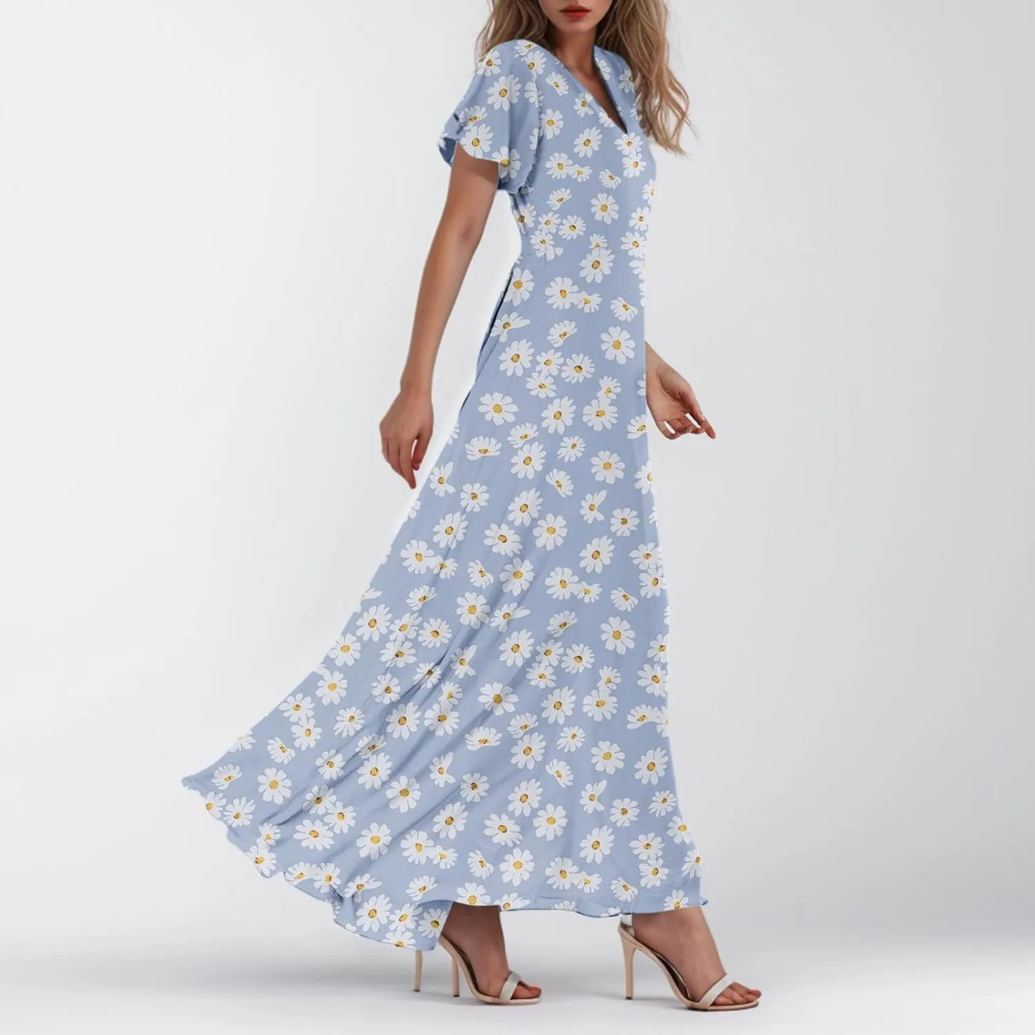 Woman Maxi Dresses Casual Summer Empire Waist Dress Floral Short Sleeve Chiffon Flowy Dresses