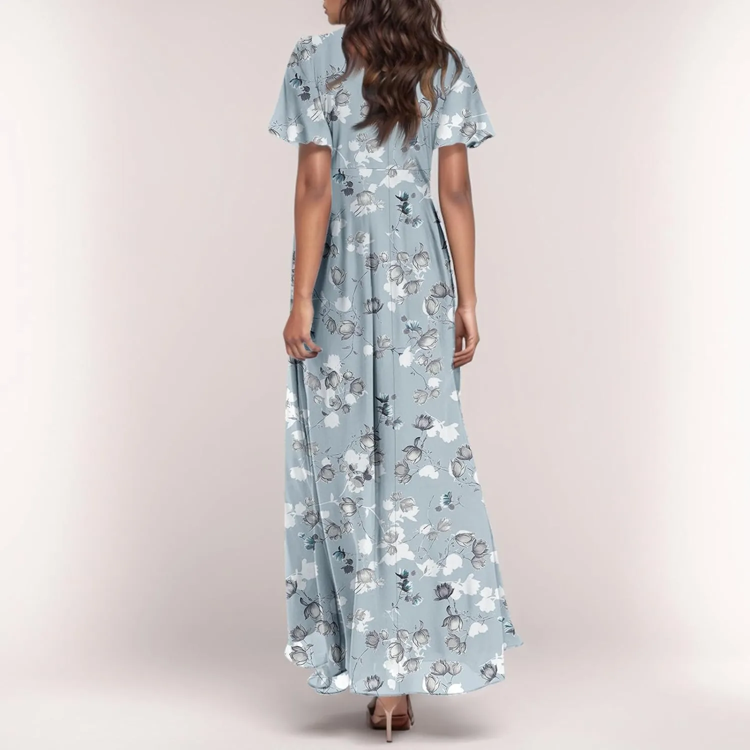 Woman Maxi Dresses Casual Summer Empire Waist Dress Floral Short Sleeve Chiffon Flowy Dresses