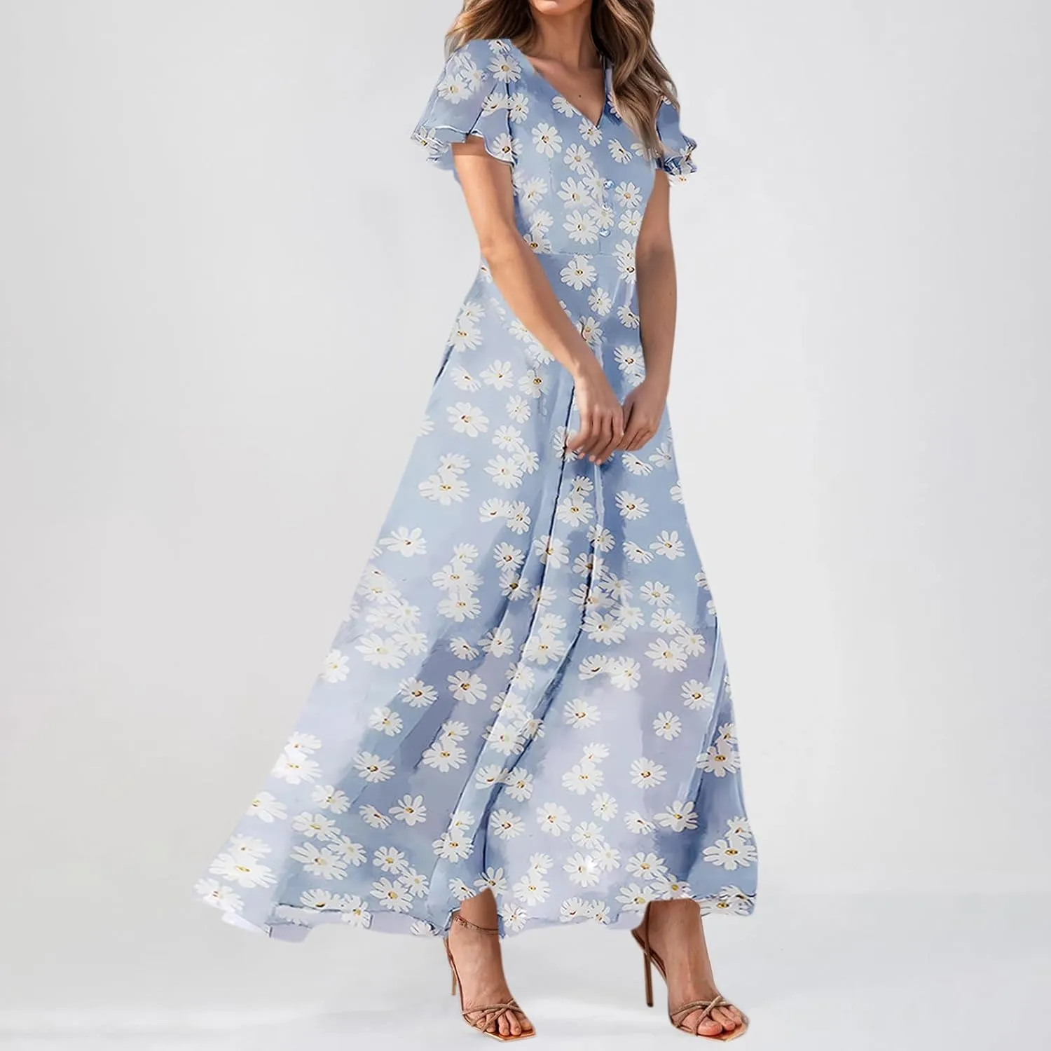 Woman Maxi Dresses Casual Summer Empire Waist Dress Floral Short Sleeve Chiffon Flowy Dresses