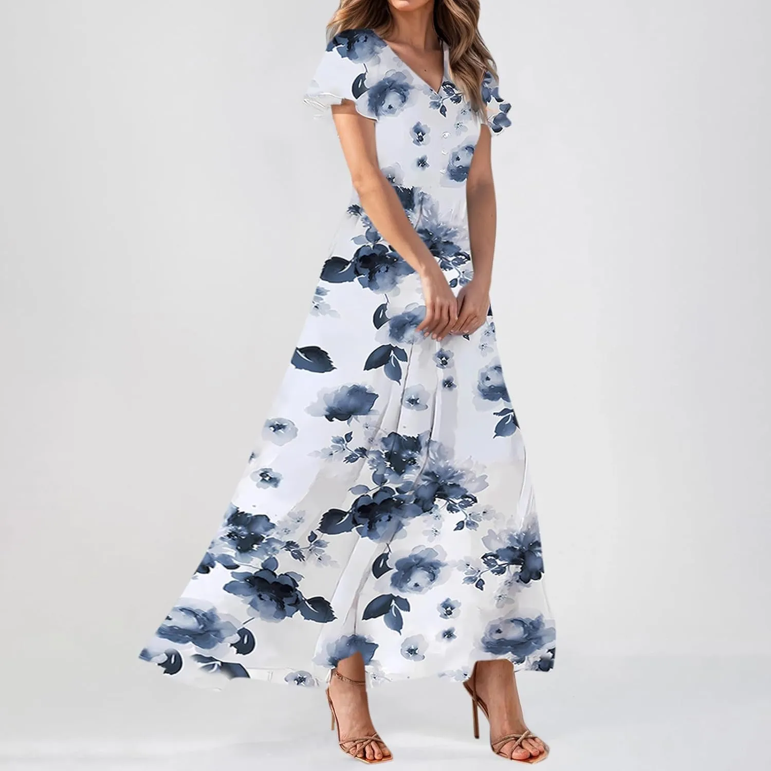 Woman Maxi Dresses Casual Summer Empire Waist Dress Floral Short Sleeve Chiffon Flowy Dresses