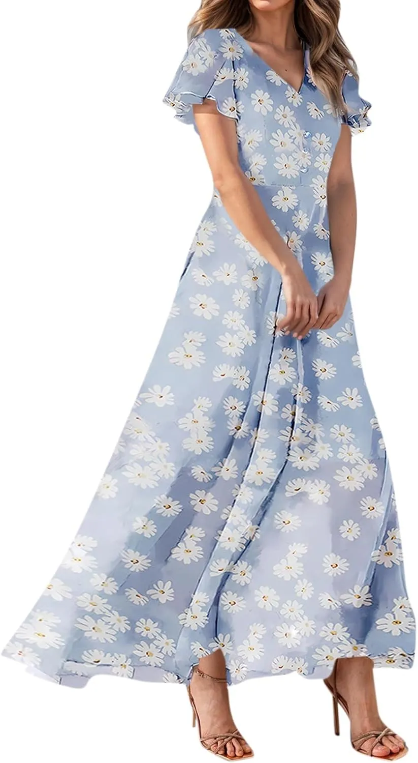 Woman Maxi Dresses Casual Summer Empire Waist Dress Floral Short Sleeve Chiffon Flowy Dresses
