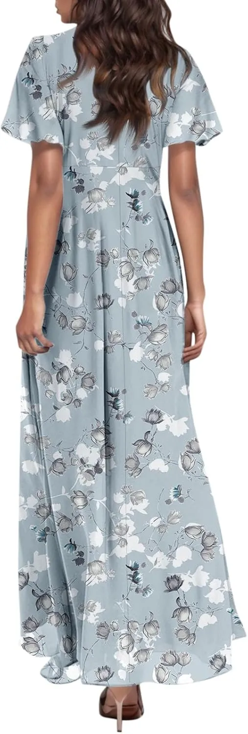 Woman Maxi Dresses Casual Summer Empire Waist Dress Floral Short Sleeve Chiffon Flowy Dresses