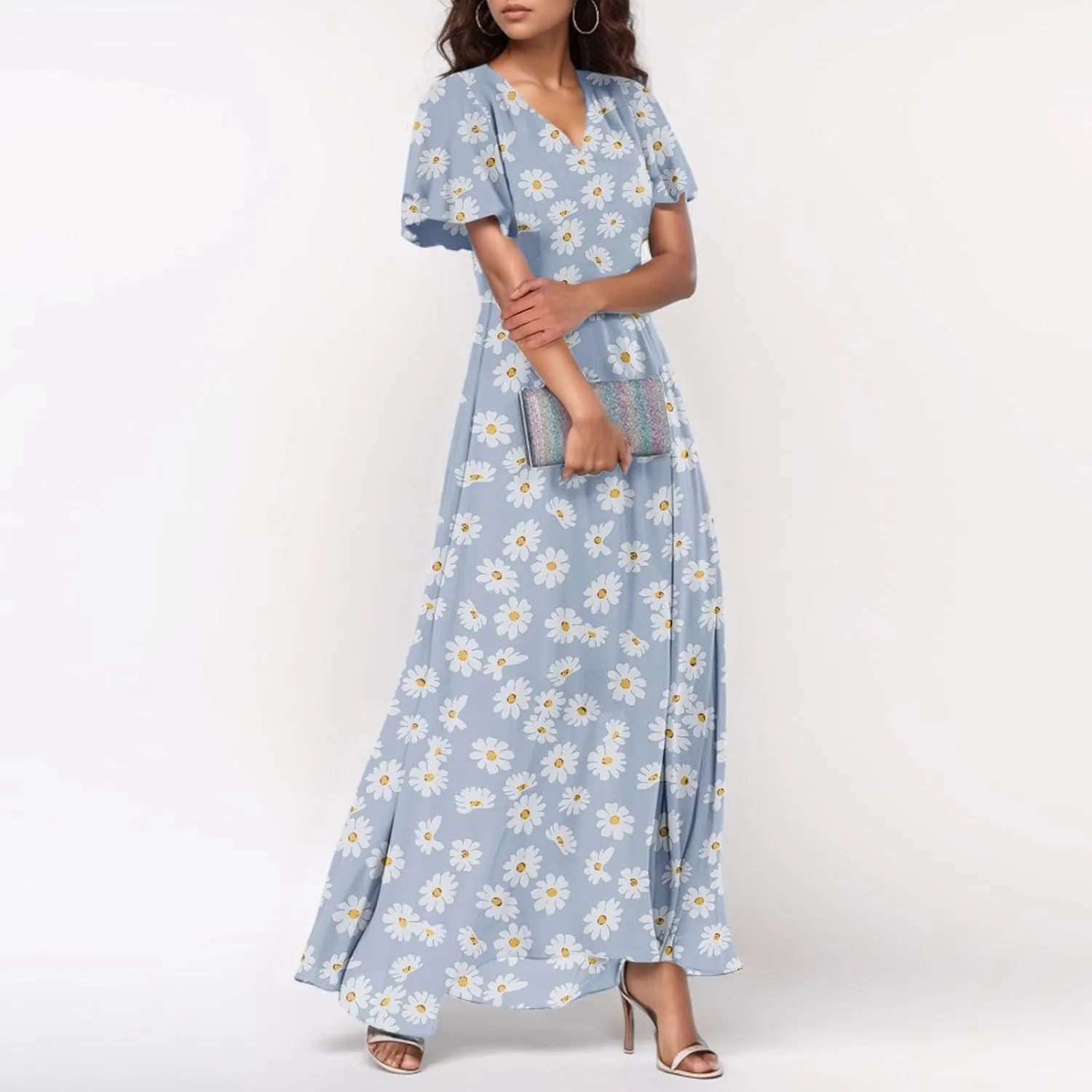 Woman Maxi Dresses Casual Summer Empire Waist Dress Floral Short Sleeve Chiffon Flowy Dresses