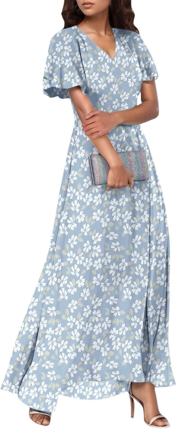 Woman Maxi Dresses Casual Summer Empire Waist Dress Floral Short Sleeve Chiffon Flowy Dresses