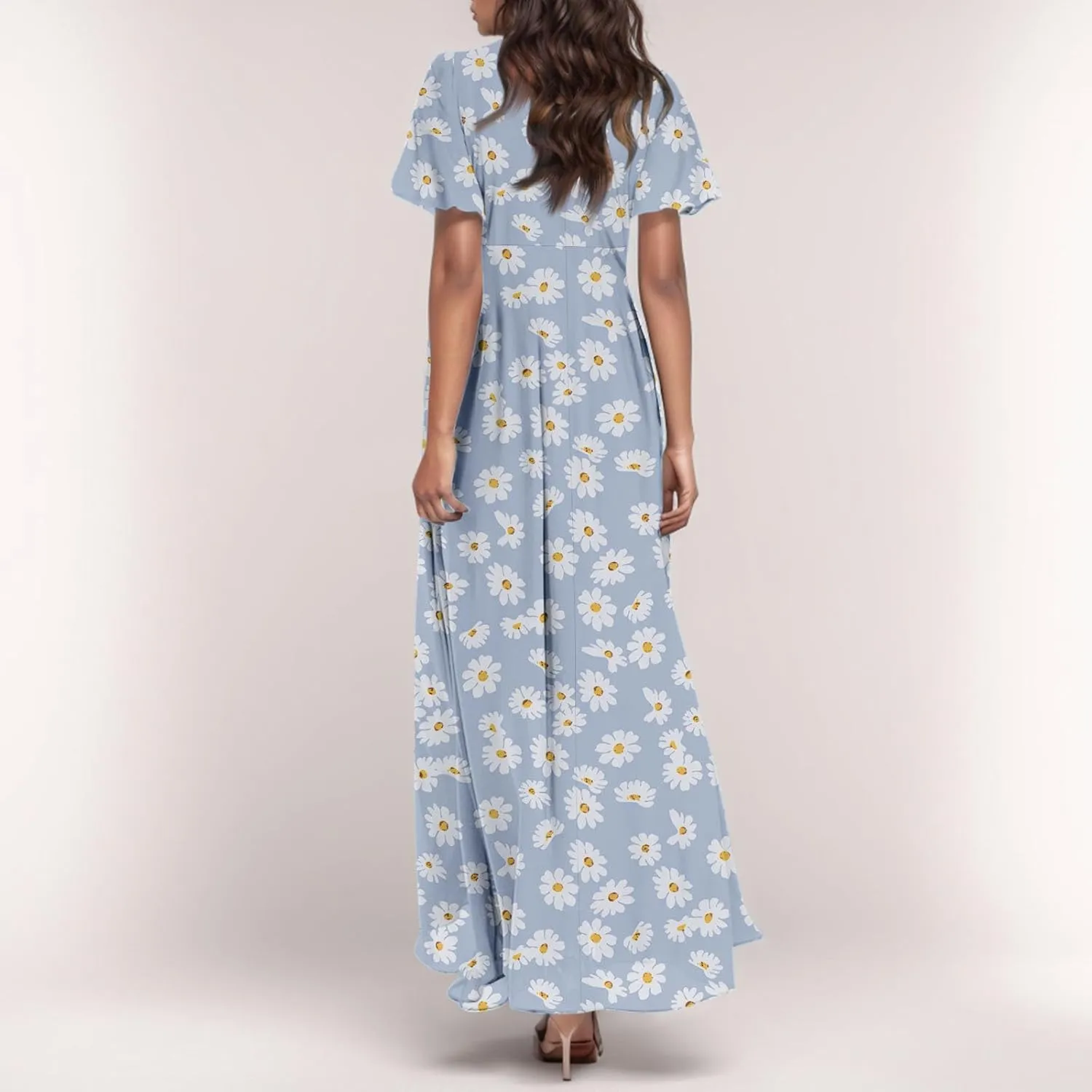 Woman Maxi Dresses Casual Summer Empire Waist Dress Floral Short Sleeve Chiffon Flowy Dresses