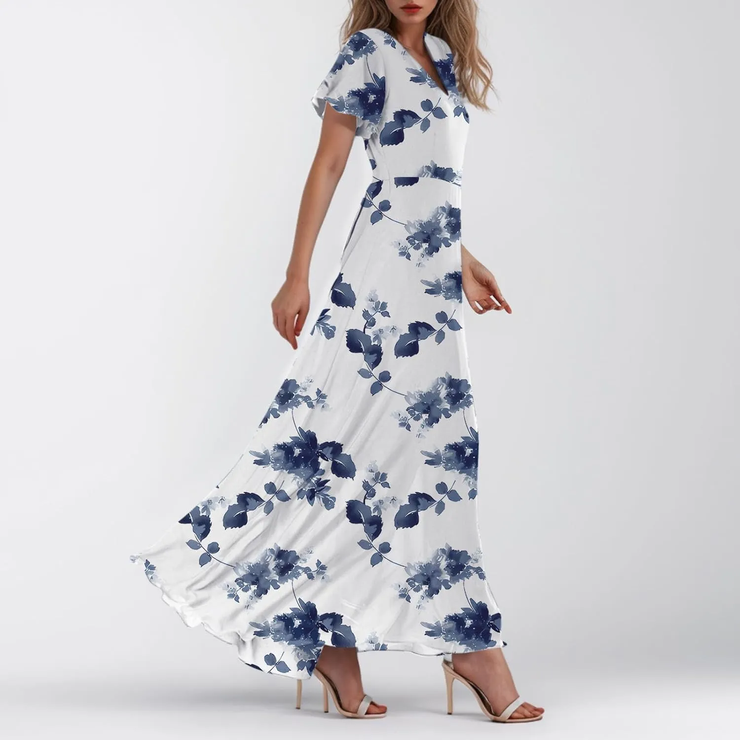 Woman Maxi Dresses Casual Summer Empire Waist Dress Floral Short Sleeve Chiffon Flowy Dresses