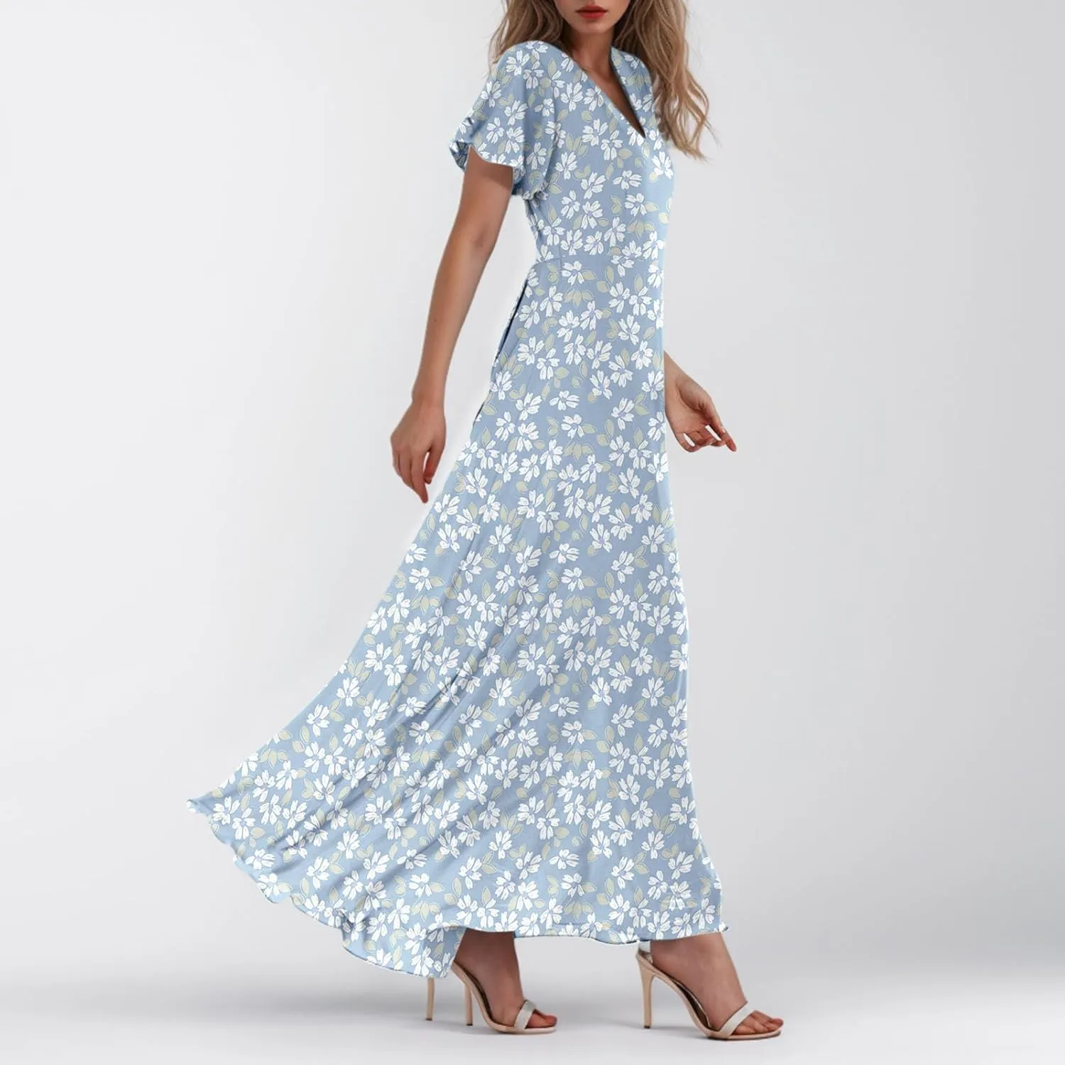 Woman Maxi Dresses Casual Summer Empire Waist Dress Floral Short Sleeve Chiffon Flowy Dresses