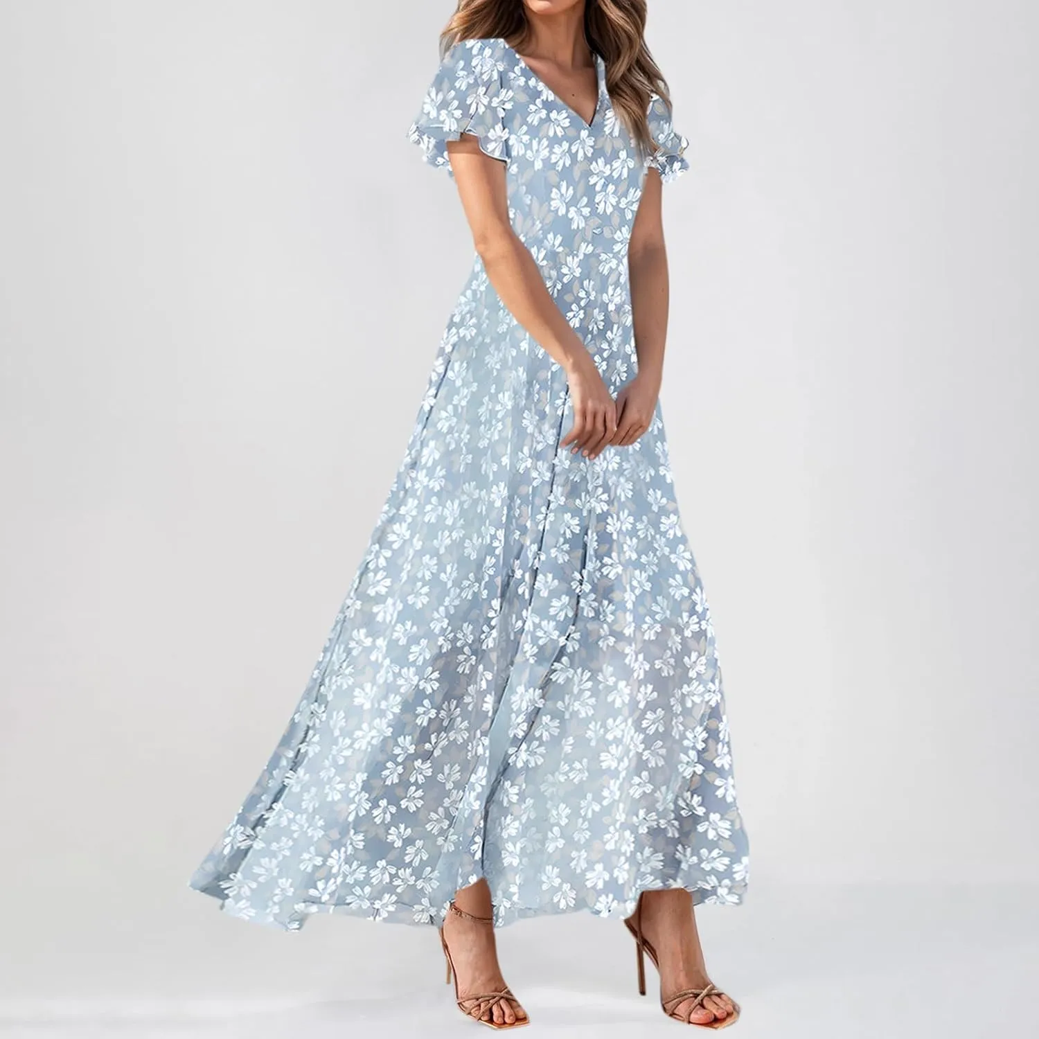 Woman Maxi Dresses Casual Summer Empire Waist Dress Floral Short Sleeve Chiffon Flowy Dresses