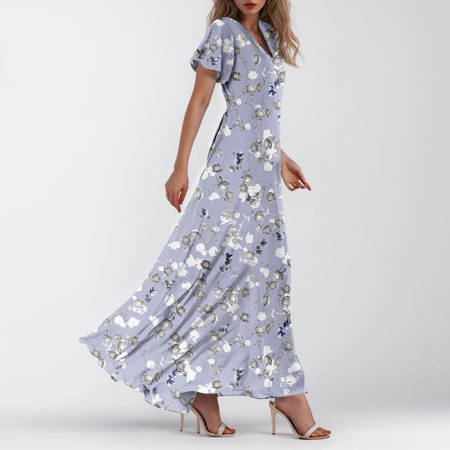 Woman Maxi Dresses Casual Summer Empire Waist Dress Floral Short Sleeve Chiffon Flowy Dresses