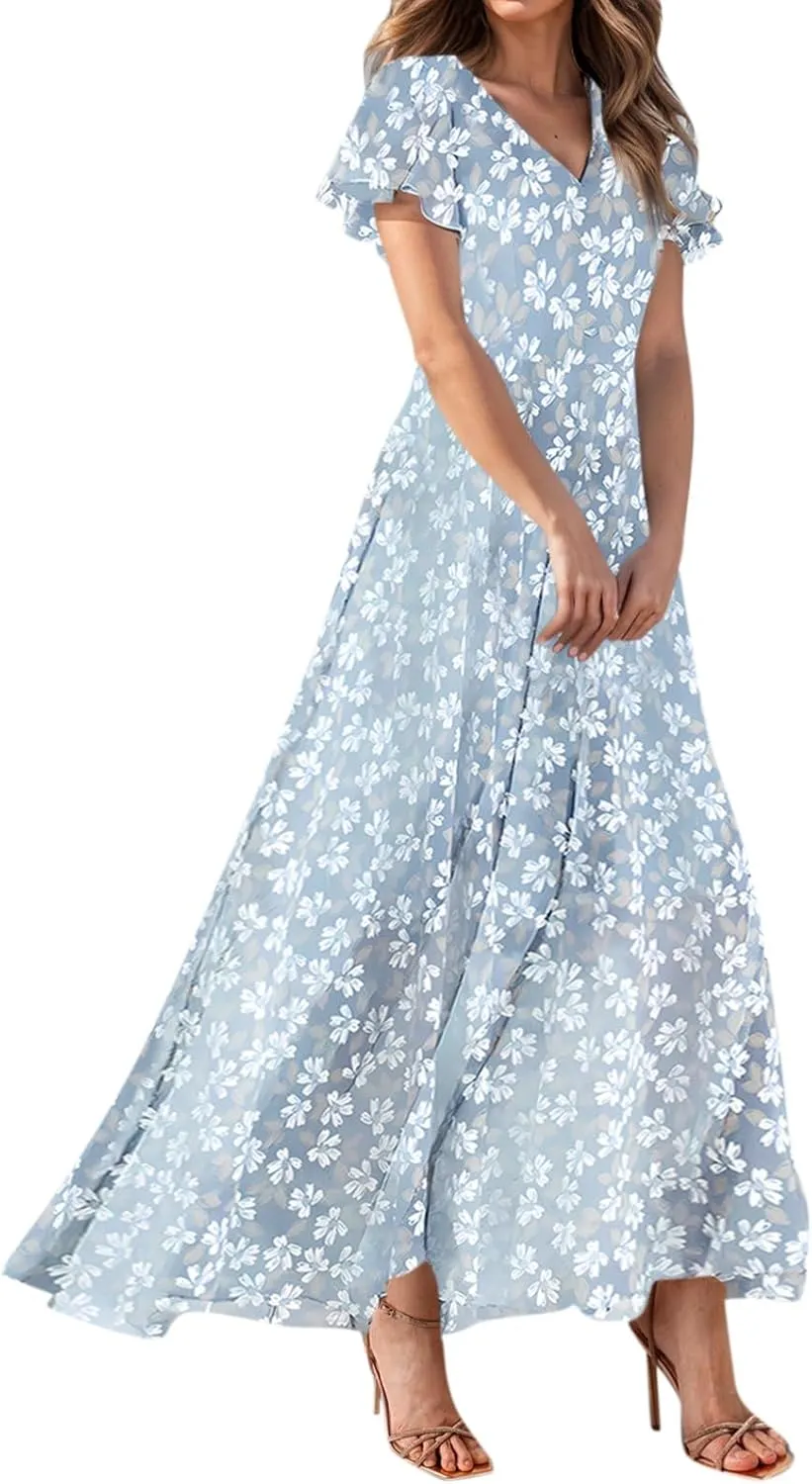 Woman Maxi Dresses Casual Summer Empire Waist Dress Floral Short Sleeve Chiffon Flowy Dresses