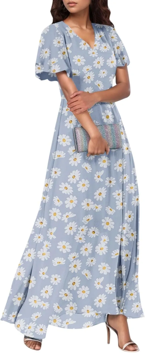Woman Maxi Dresses Casual Summer Empire Waist Dress Floral Short Sleeve Chiffon Flowy Dresses